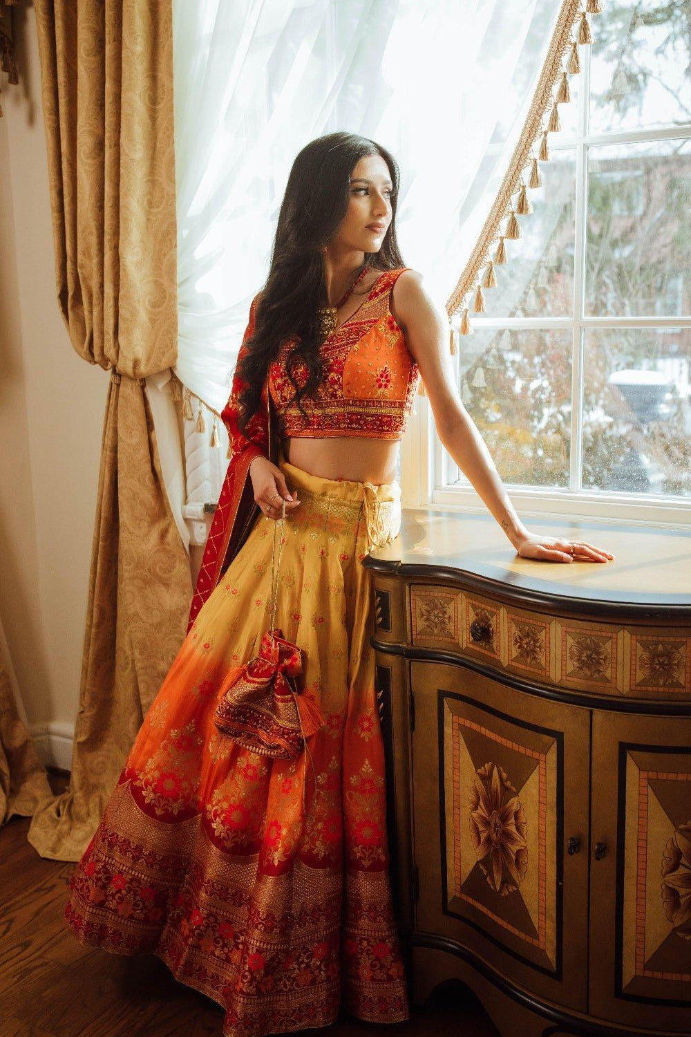 Yellow Lehenga Choli Set with Hand Embroidered Blouse-[mehendi outfit]-Raas