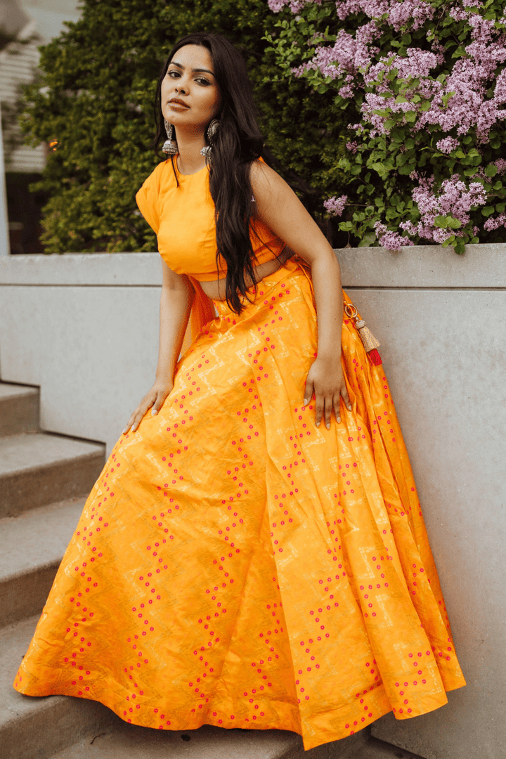 Yellow Lehenga with Silk Sleeveless Blouse-[haldi_outfit]-Raas