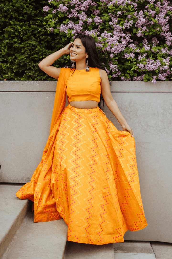 Yellow Lehenga with Silk Sleeveless Blouse-[haldi_outfit]-Raas