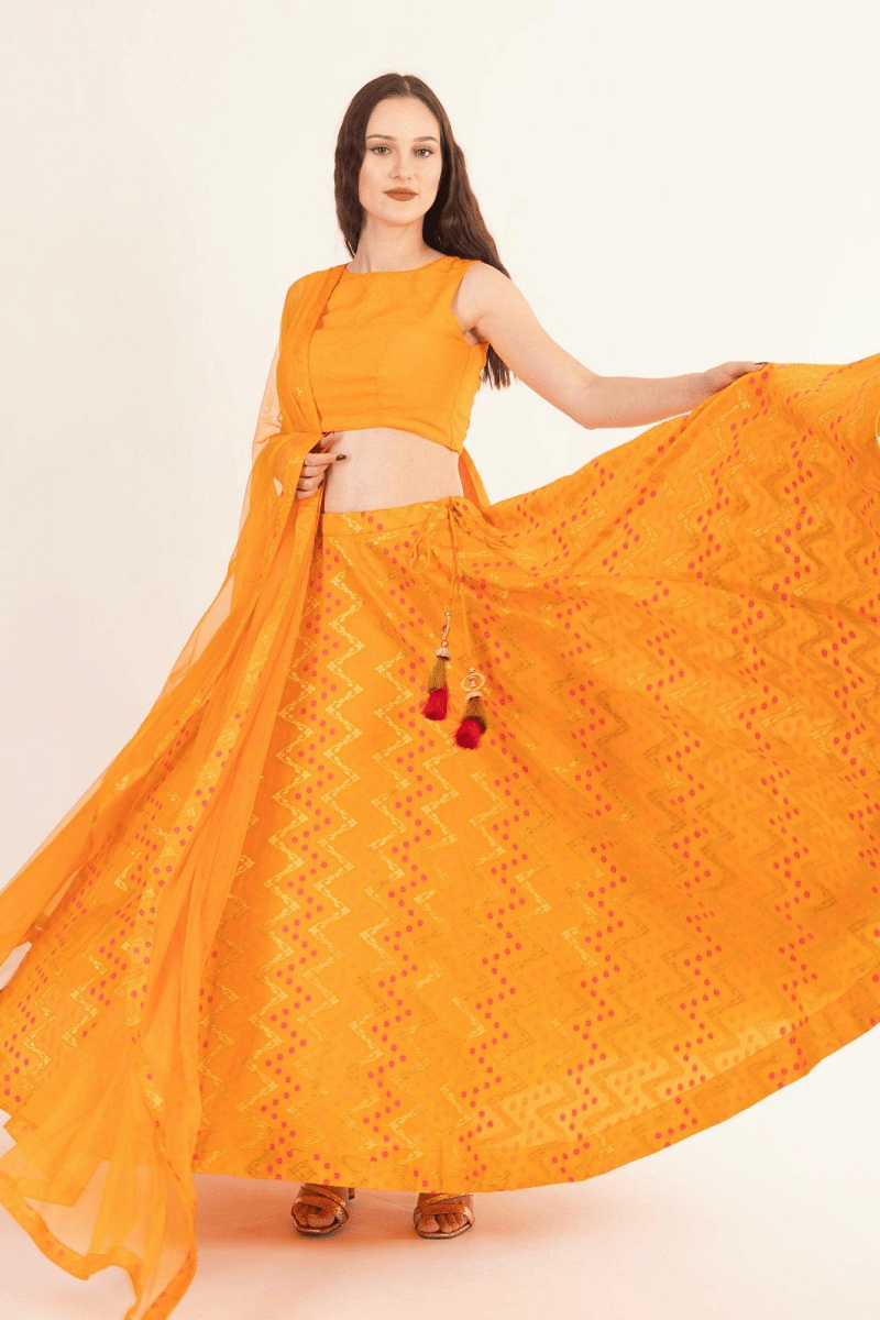 Yellow Lehenga with Silk Sleeveless Blouse-[haldi_outfit]-Raas