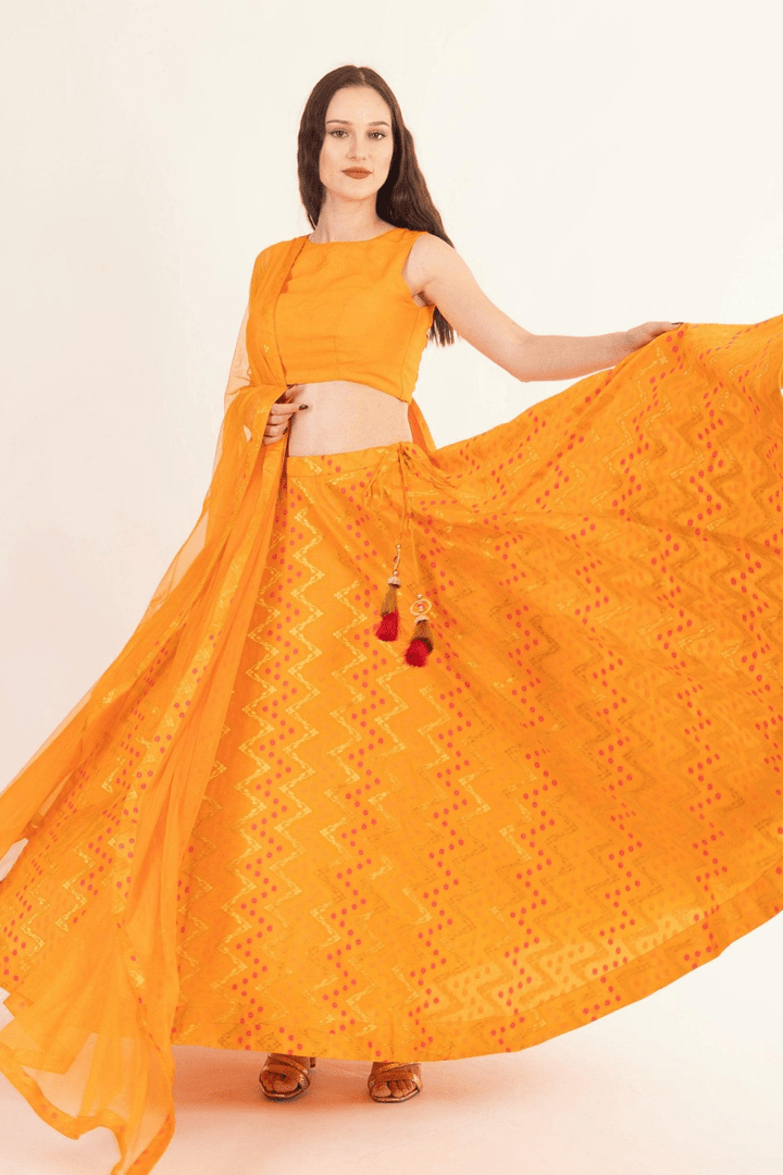 Yellow Lehenga with Silk Sleeveless Blouse-[haldi_outfit]-Raas
