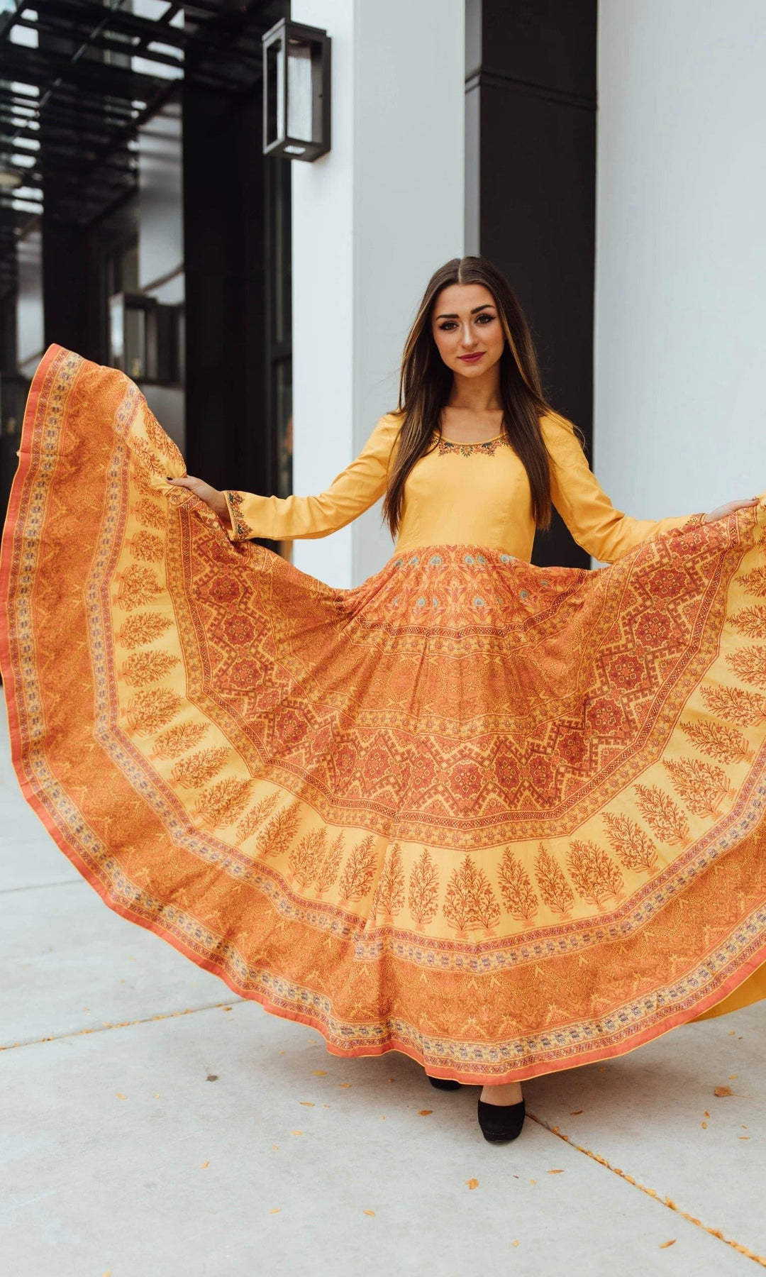 Yellow A-Line Gown: Hand-Embroidered Silk