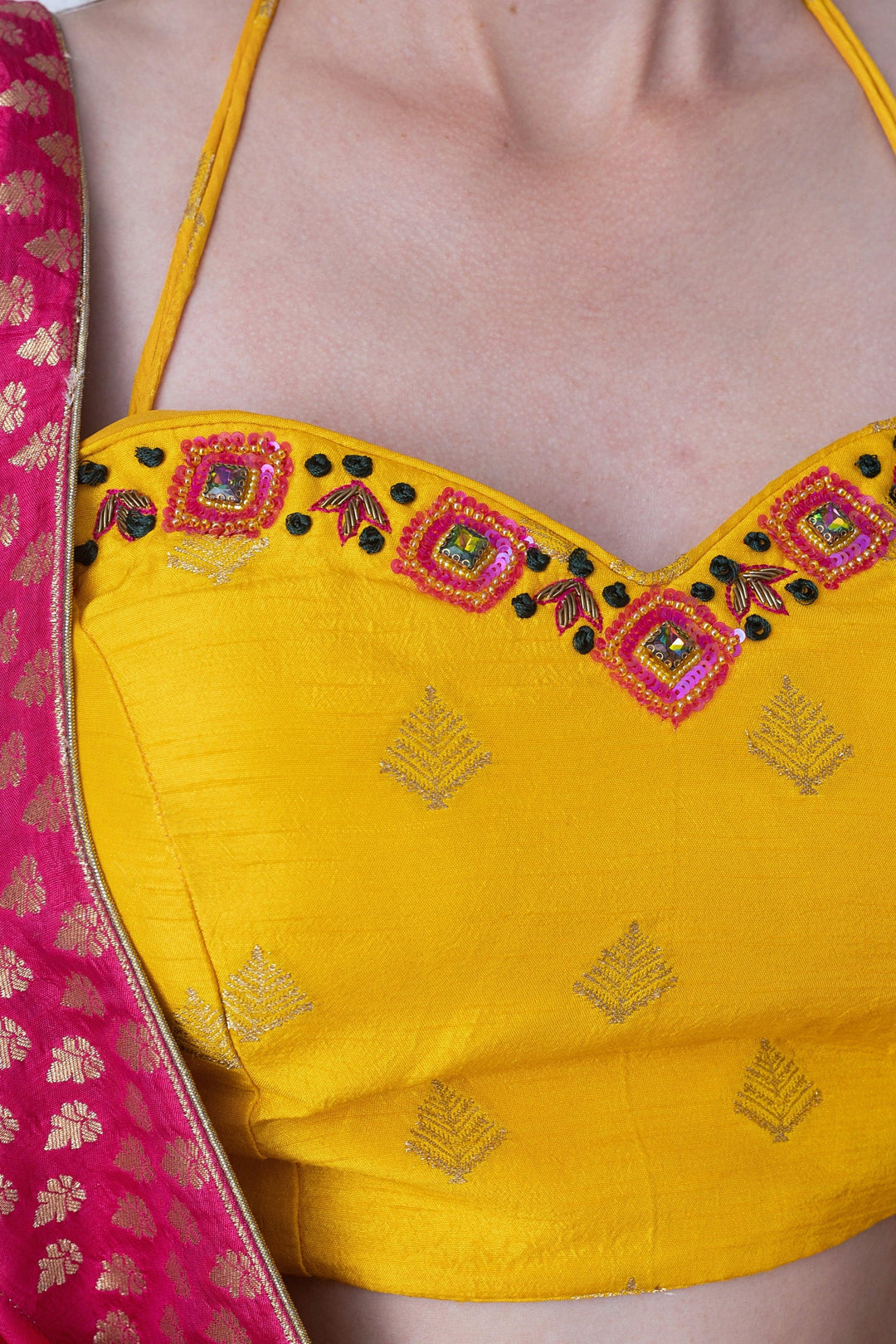 Yellow Sweetheart Neck Halter Lehenga Choli Set-[mehendi outfit]-Raas