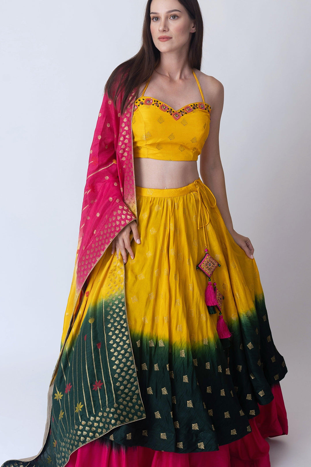 Yellow Sweetheart Neck Halter Lehenga Choli Set-[mehendi outfit]-Raas