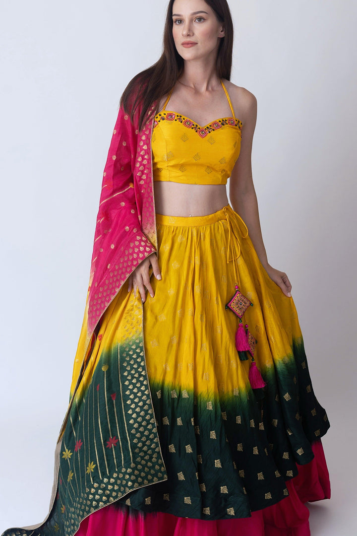 Yellow Sweetheart Neck Halter Lehenga Choli Set-[mehendi outfit]-Raas