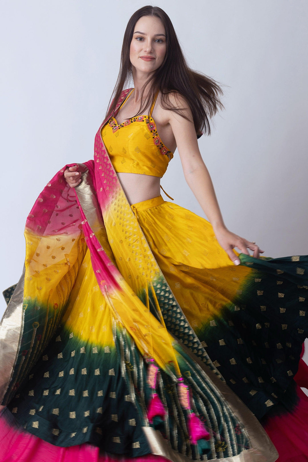 Yellow Sweetheart Neck Halter Lehenga Choli Set-[mehendi outfit]-Raas