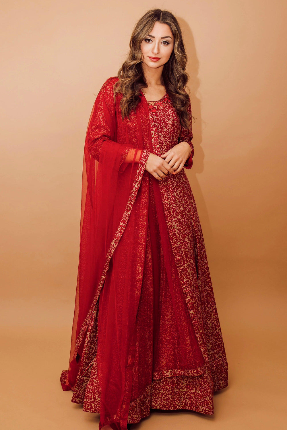 Zadie Red Long Dress: cotton-silk, gold floral print, embroidered neckline, net drape.