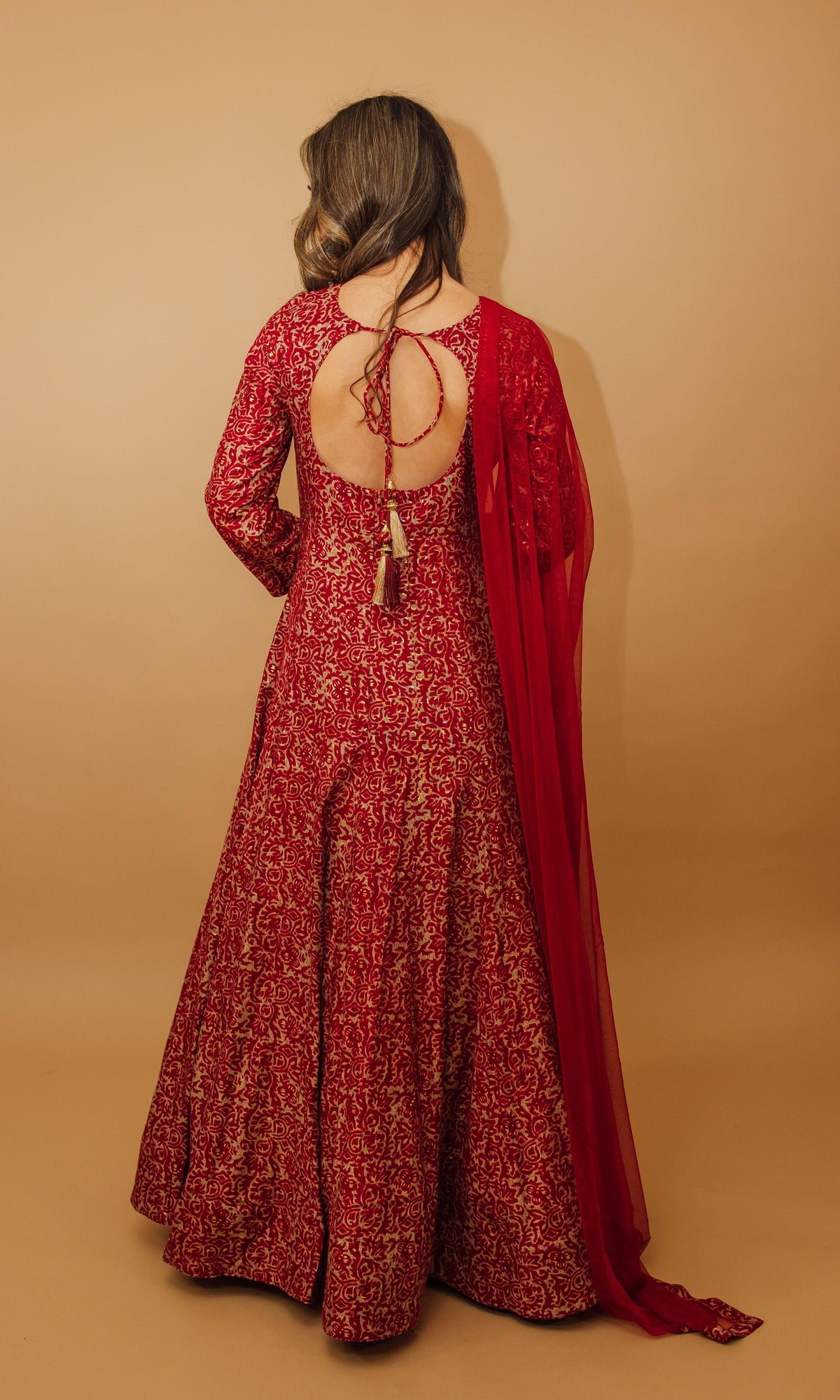 Zadie Red Long Dress with Embroidered Neckline ANARKALI & GOWN RAAS