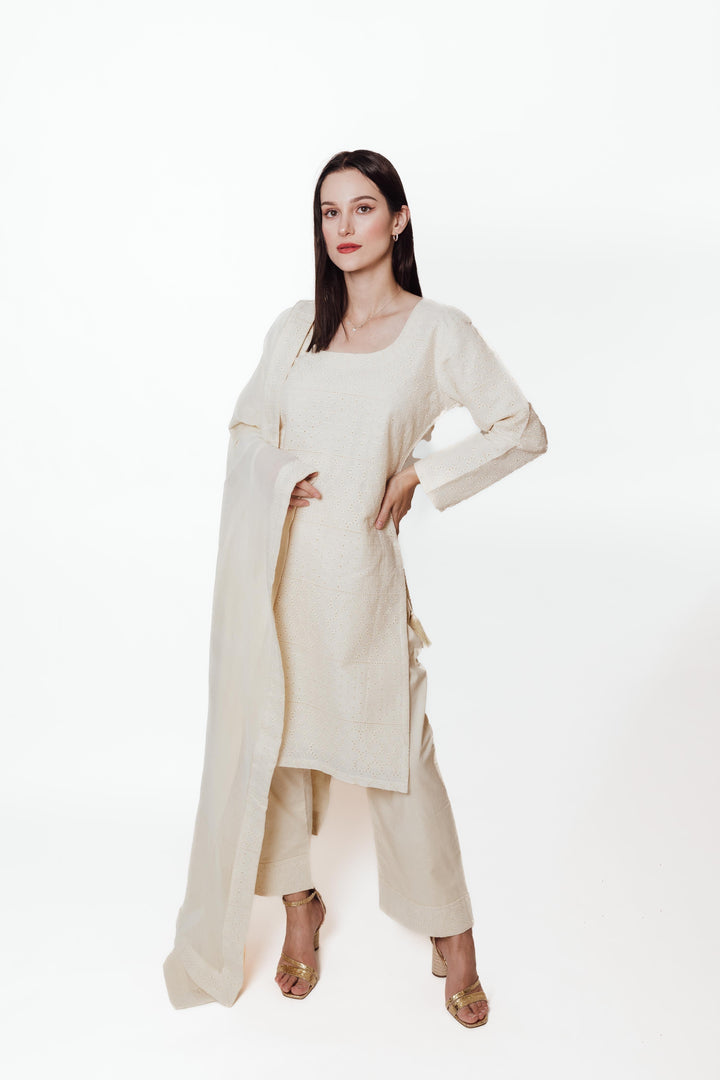 Zara Off - White Salwar Kameez Set with Eyelet Embroidery ANARKALI & GOWN RAAS