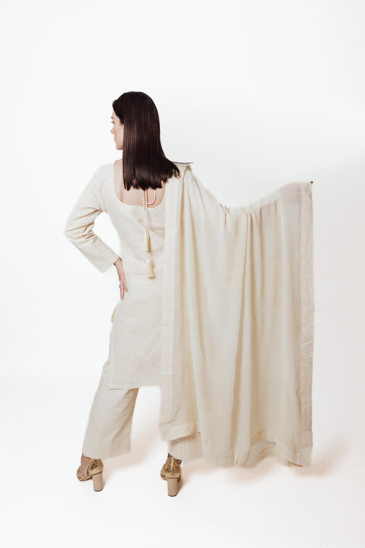 Zara Off - White Salwar Kameez Set with Eyelet Embroidery ANARKALI & GOWN RAAS