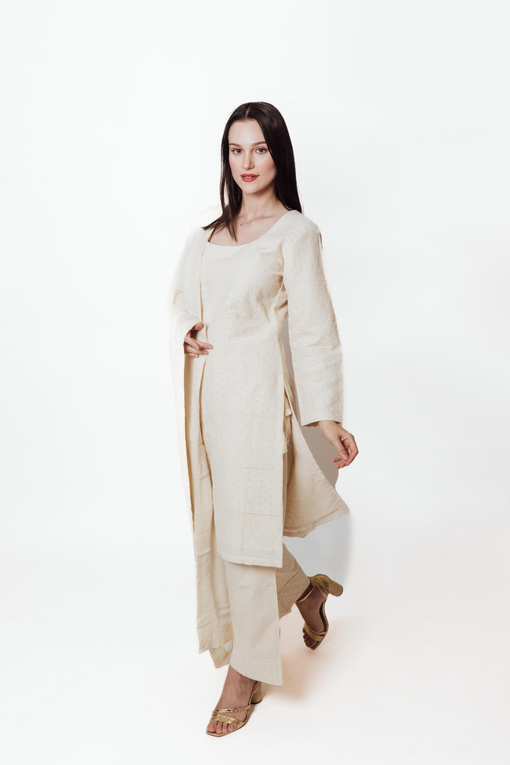 Zara Off - White Salwar Kameez Set with Eyelet Embroidery ANARKALI & GOWN RAAS