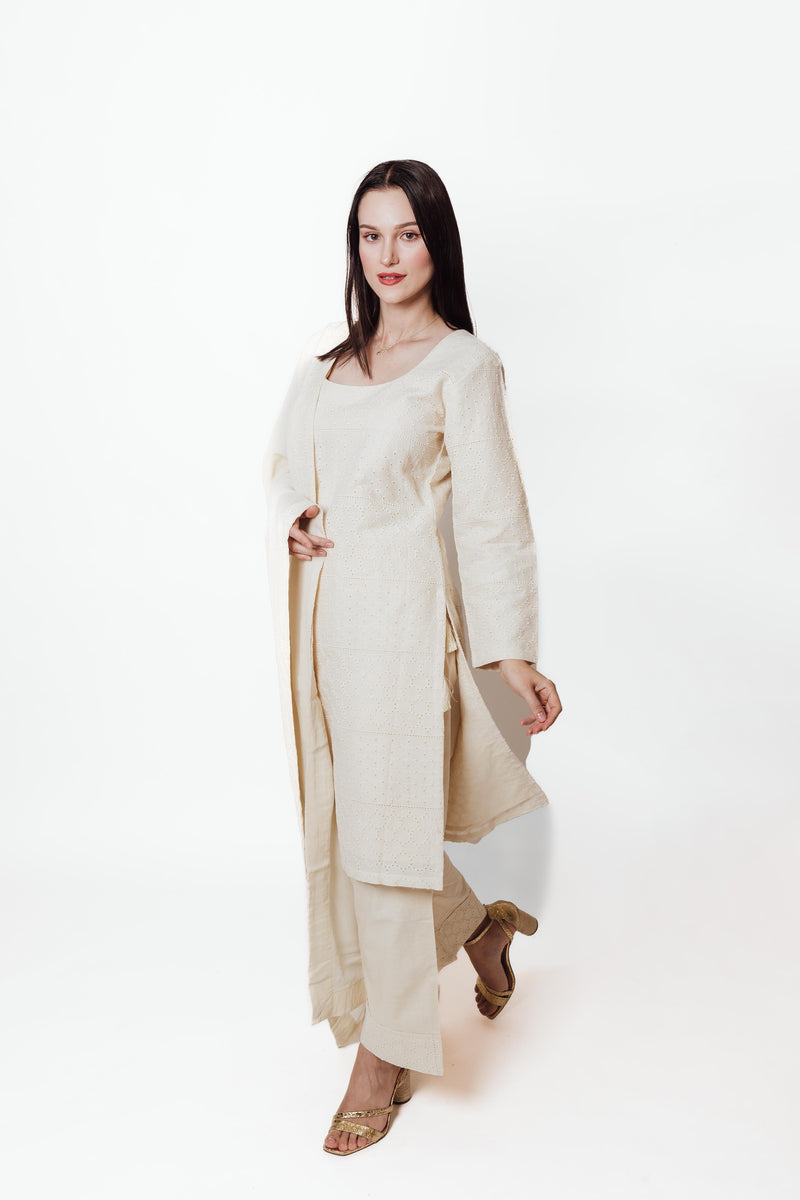 Zara Off-White Salwar Kameez Set with Eyelet Embroidery-Raas