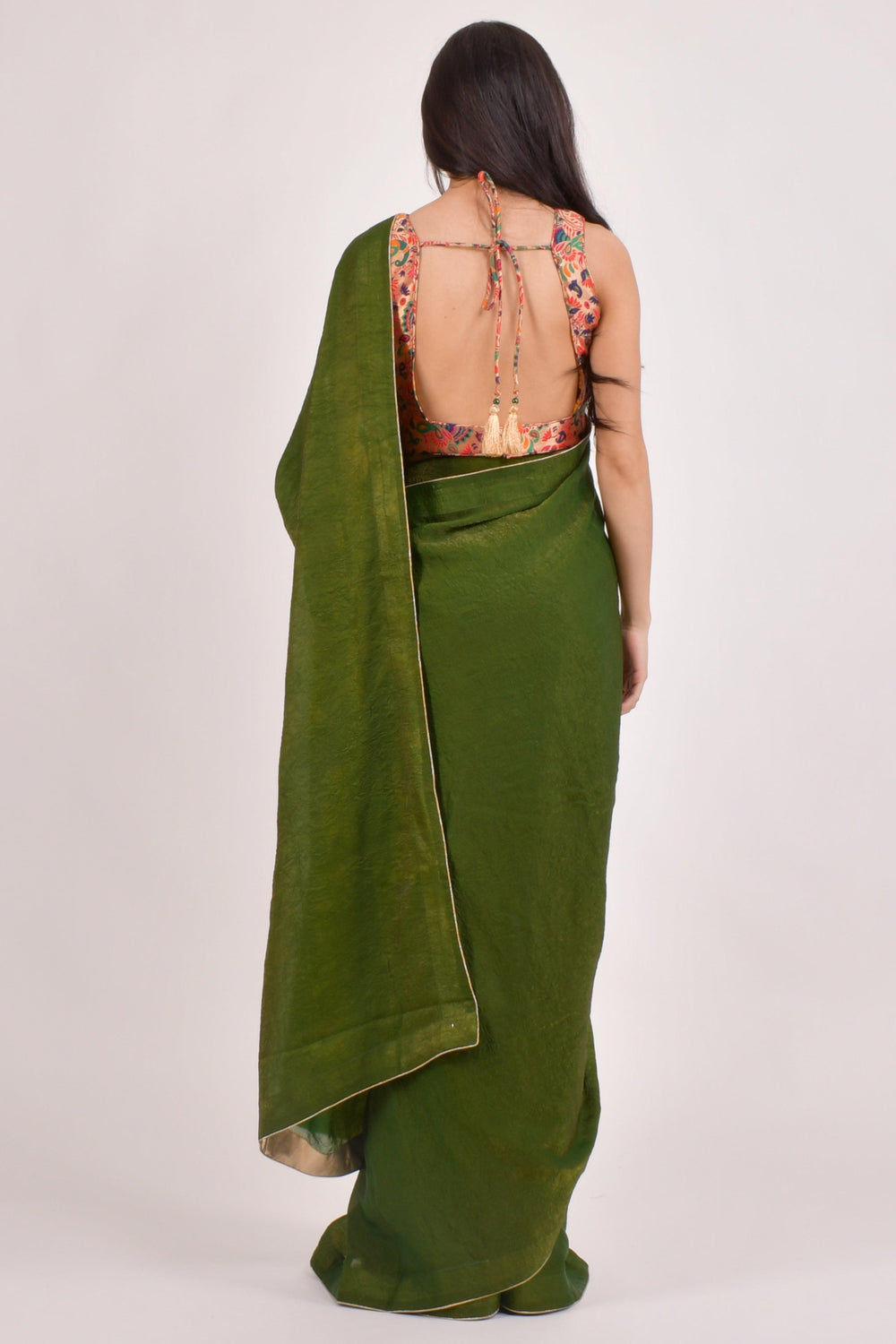 Zaya Green Pre-Pleated Saree with brocade Blouse — Crushed Silk, Ready in 30 Seconds-[pre_stitched_saree]-Raas