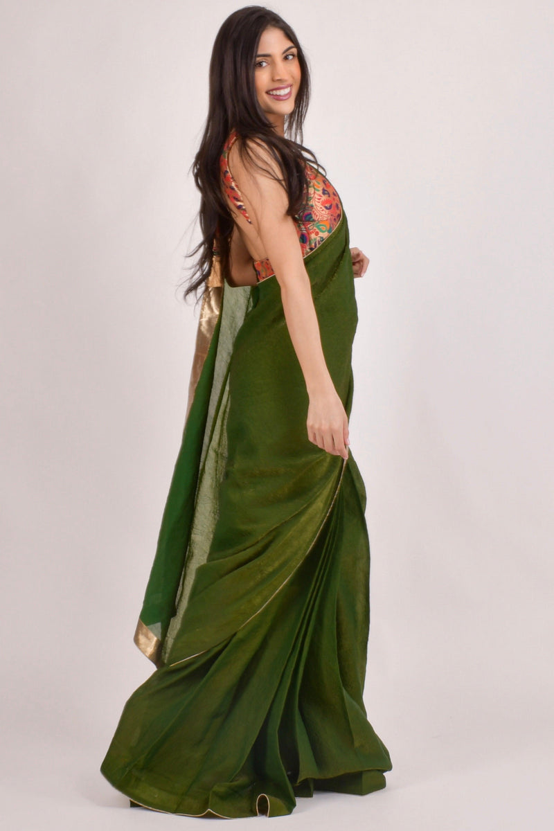 Zaya Green Pre-Pleated Saree with brocade Blouse — Crushed Silk, Ready in 30 Seconds-[pre_stitched_saree]-Raas