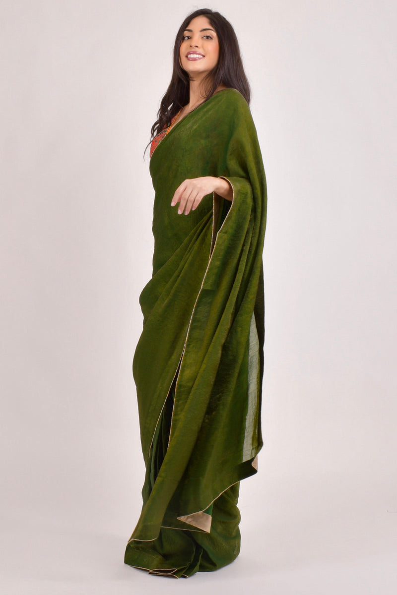 Zaya Green Pre-Pleated Saree with brocade Blouse — Crushed Silk, Ready in 30 Seconds-[pre_stitched_saree]-Raas
