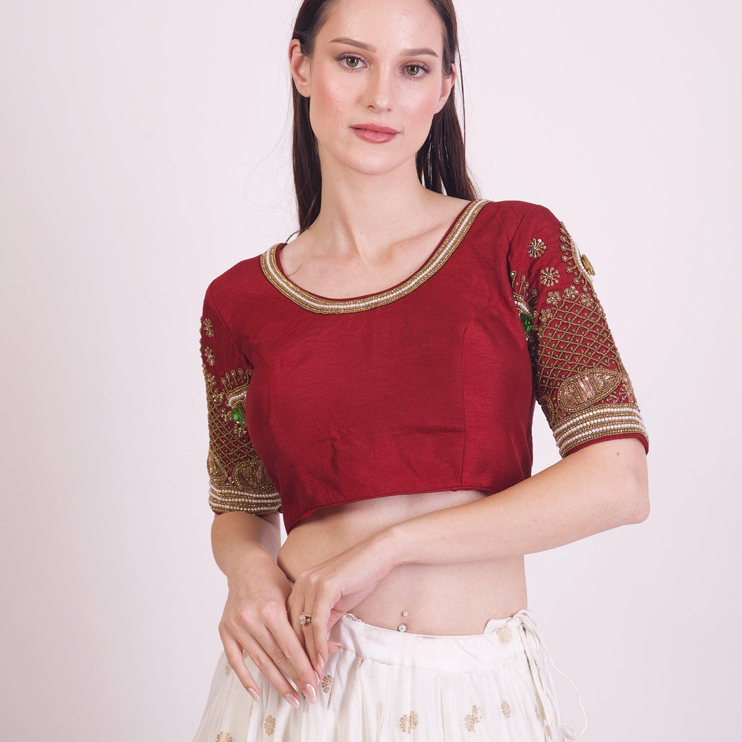 Zoey Maroon Blouse with Embroidered Pearls-Raas USA