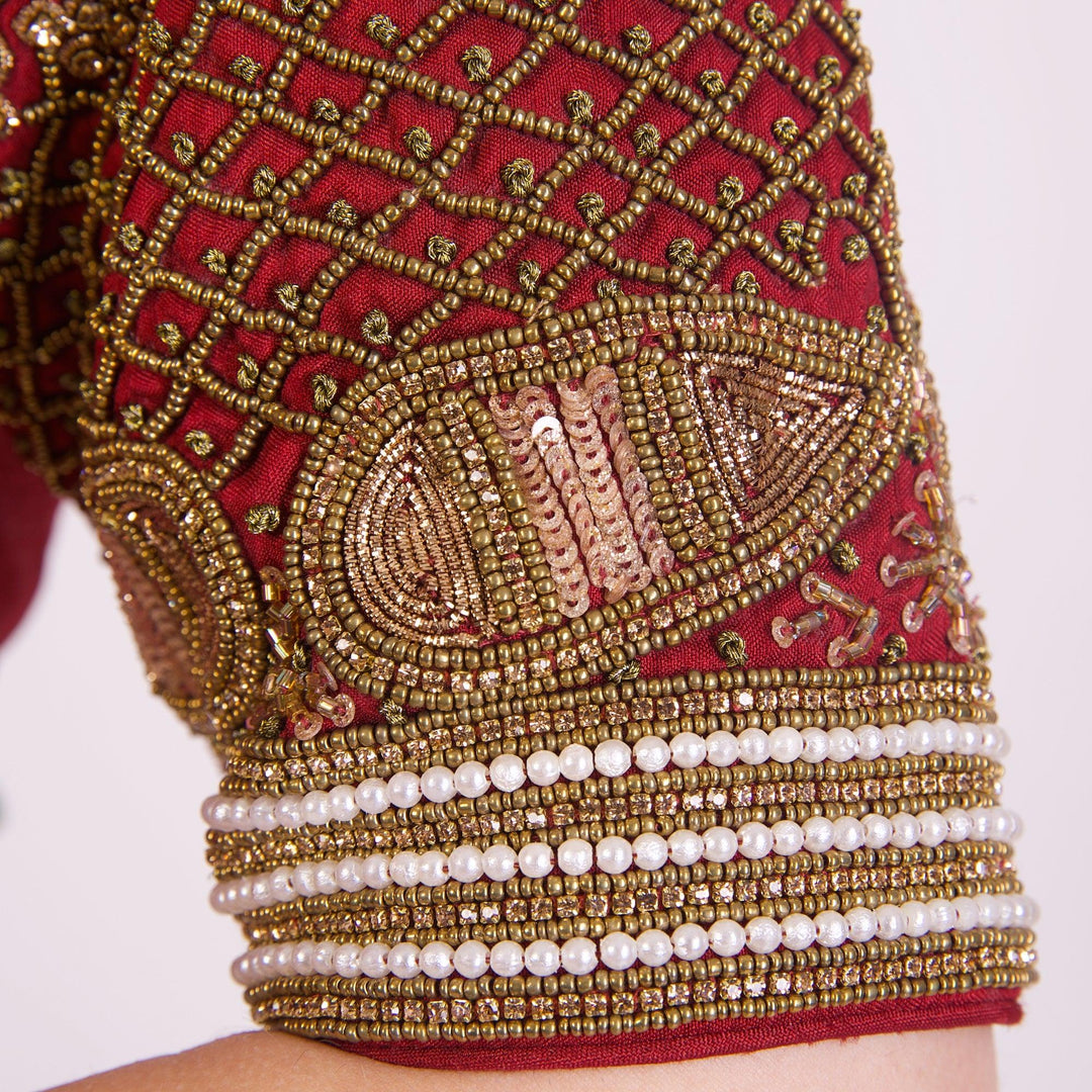 Zoey Maroon Blouse with Embroidered Pearls-Raas USA