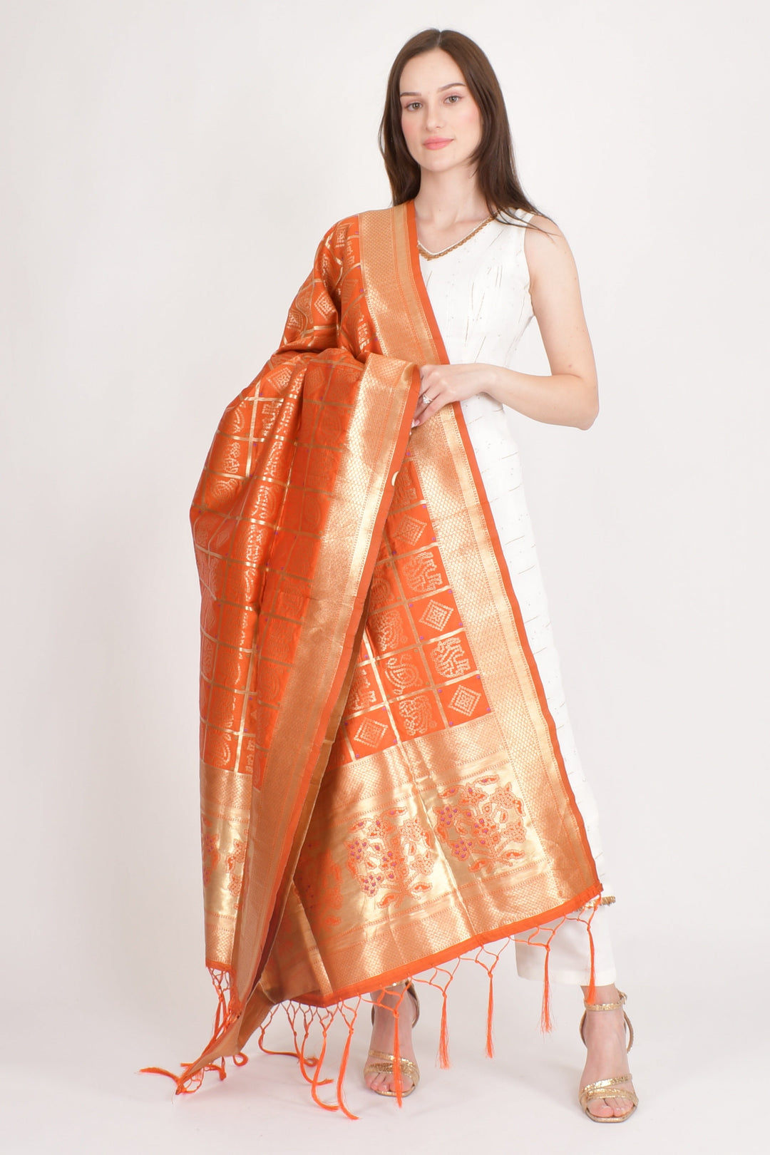 Aditi Orange Jacquard Dupatta - Raas