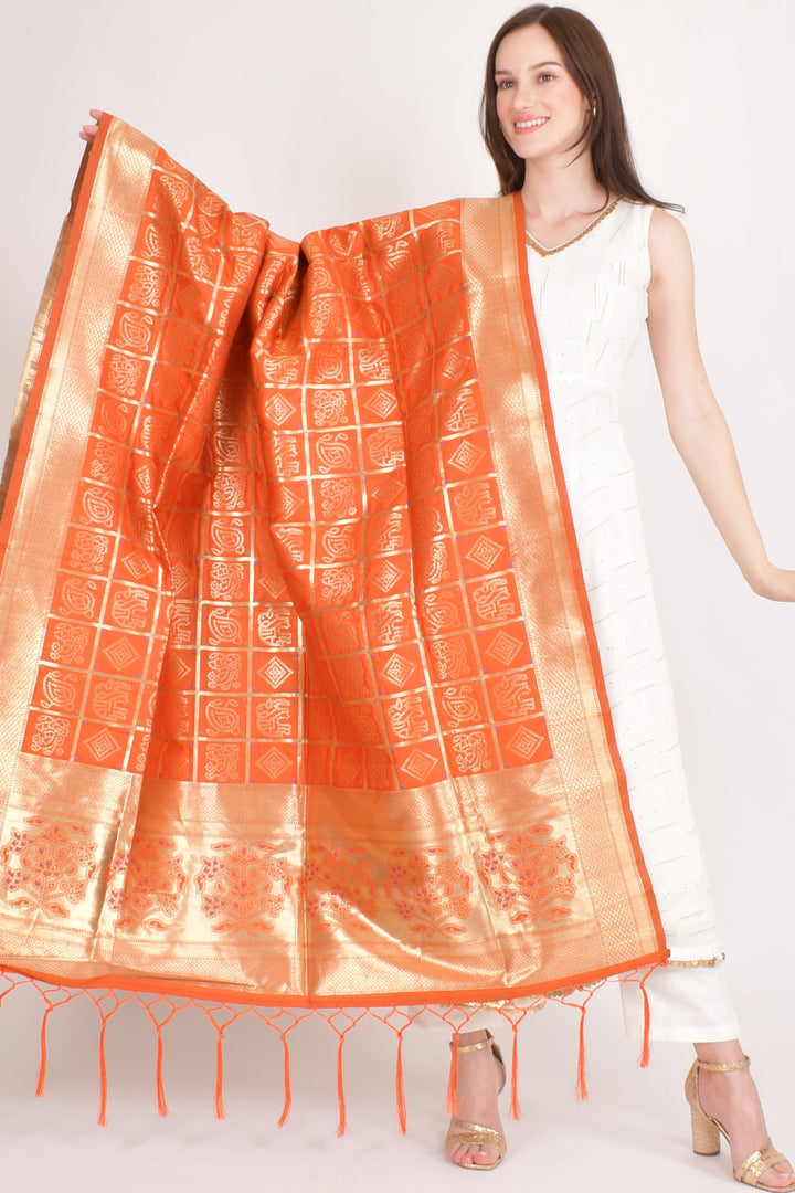 Aditi Orange Jacquard Dupatta - Raas