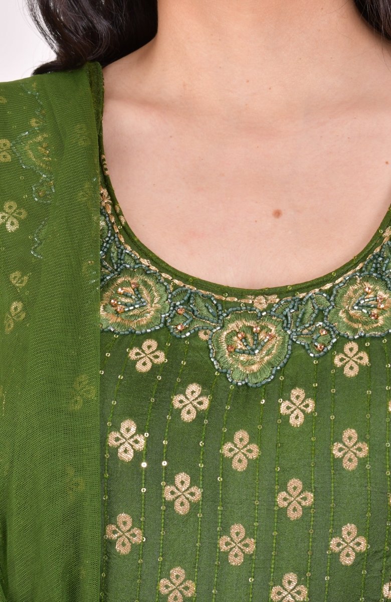 Green Long Dress Gown with Dupatta - Raas