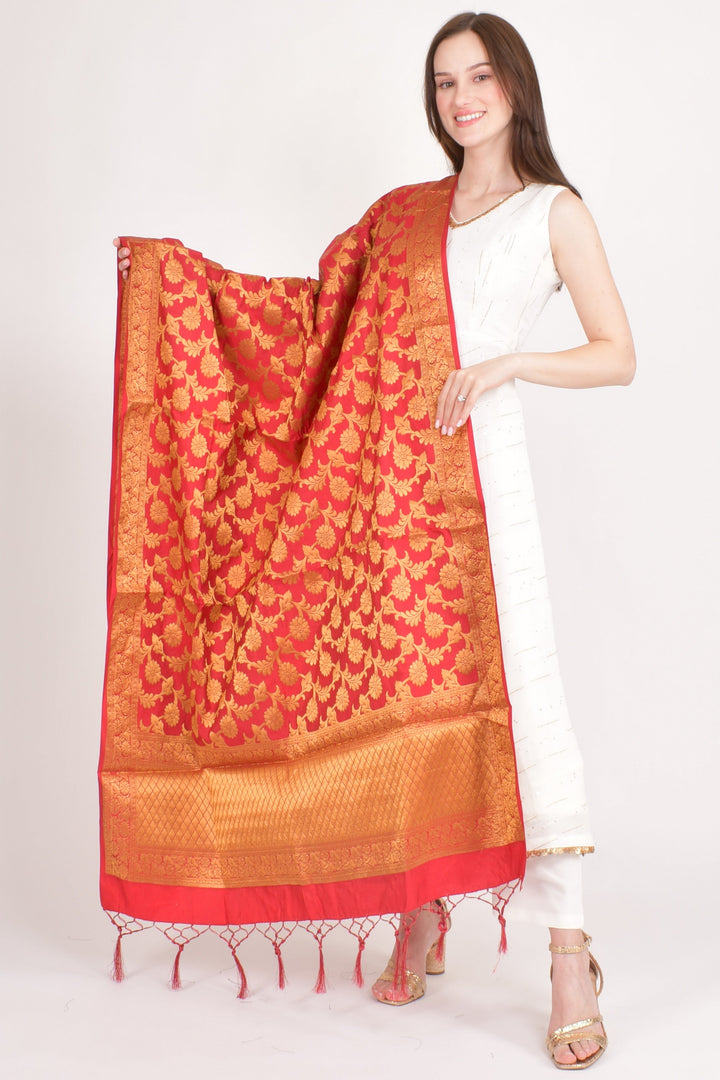 Alina Red & Golden Jacquard Dupatta - Raas
