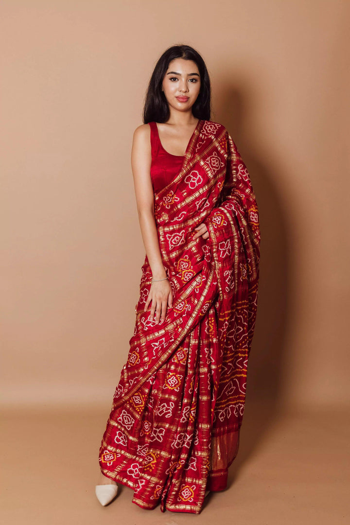 Anaya Red Pure Bandhej Saree - Raas
