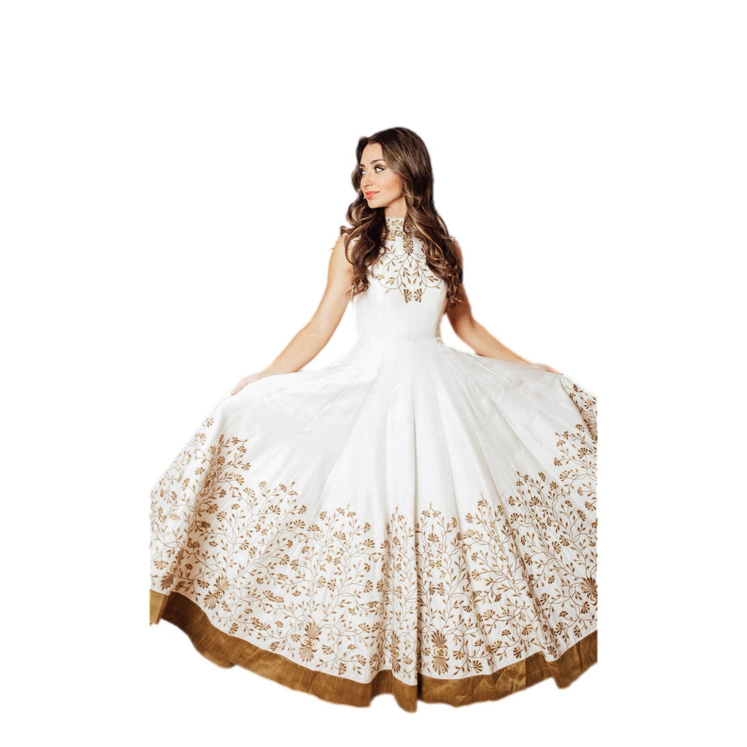 Anita White Gown with Embroidered Torso and Hem - Raas