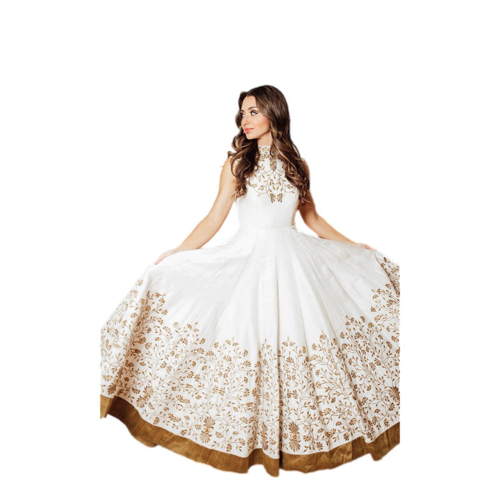 Anita White Gown with Embroidered Torso and Hem - Raas