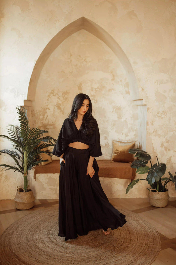 Anja Black Flowy Palazzo Pantsuit Set - Raas