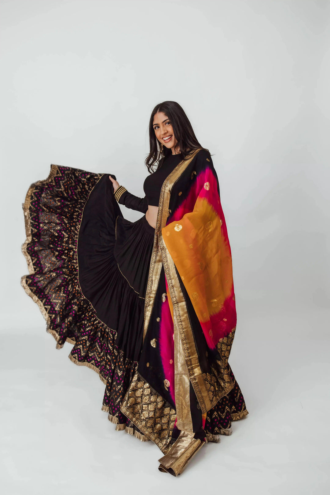 Antonia Full Flare Black Tiered Lehenga-[lehenga choli]-[chaniya choli]