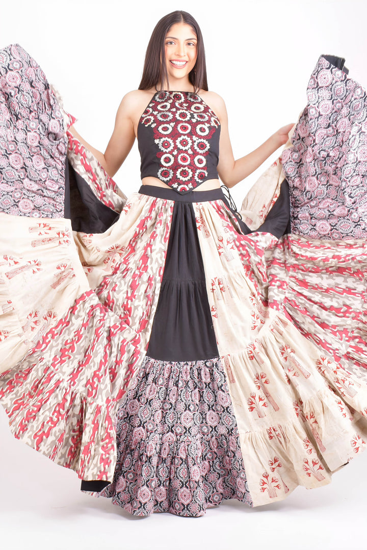 Hand blocked multi-color Chaniya Choli for Navratri 2025 – handcrafted cotton lehenga with full flare, block printed panels, and embroidered blouse. Festive outfit by RAAS, USA.