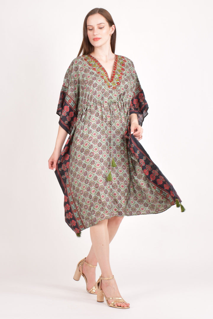 Avena Ajrakh Print Green Kaftan - Raas