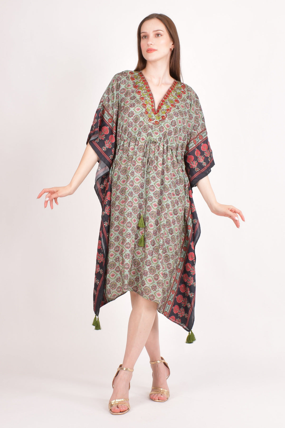 Avena Ajrakh Print Green Kaftan - Raas