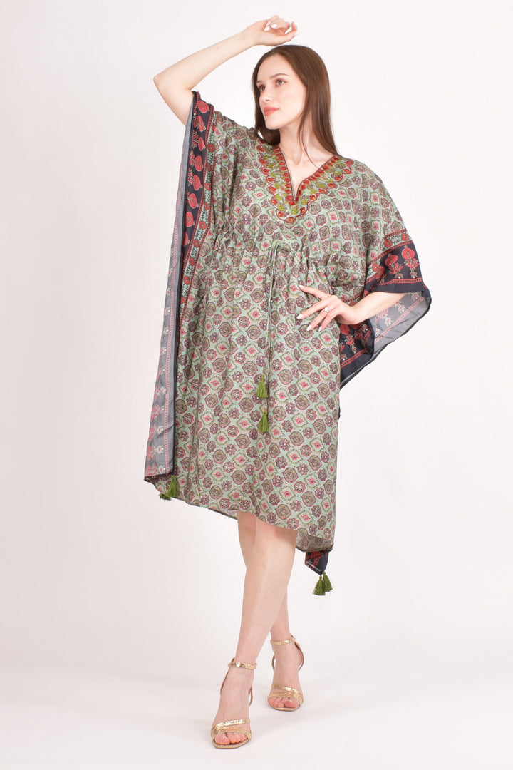Avena Ajrakh Print Green Kaftan - Raas