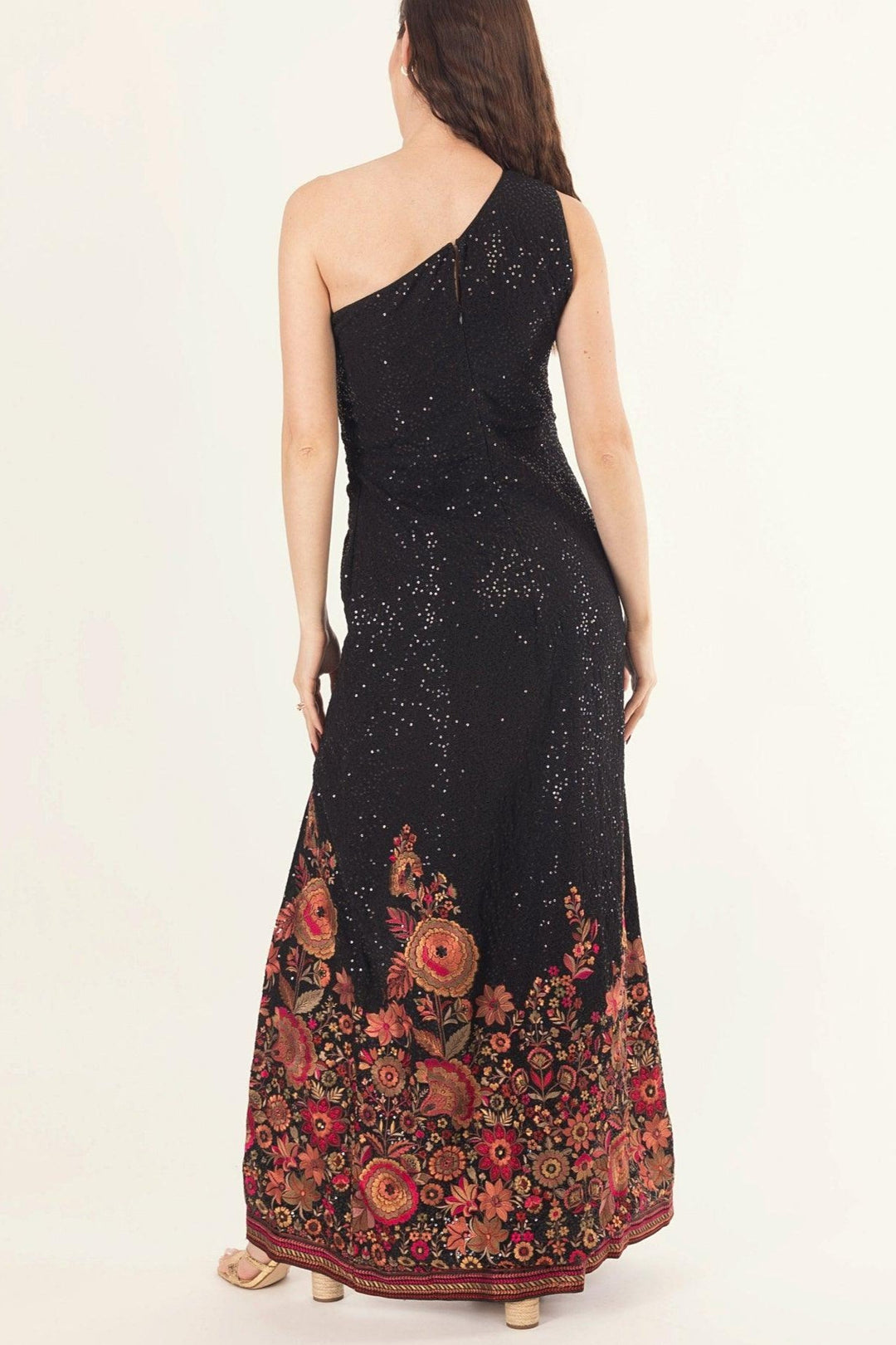 Avenia Black One-Shoulder Long Dress with Sequins Embroidery - Raas