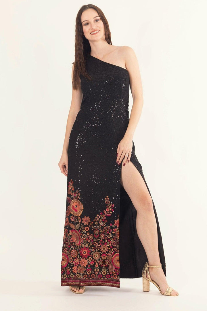 Avenia Black One-Shoulder Long Dress with Sequins Embroidery - Raas
