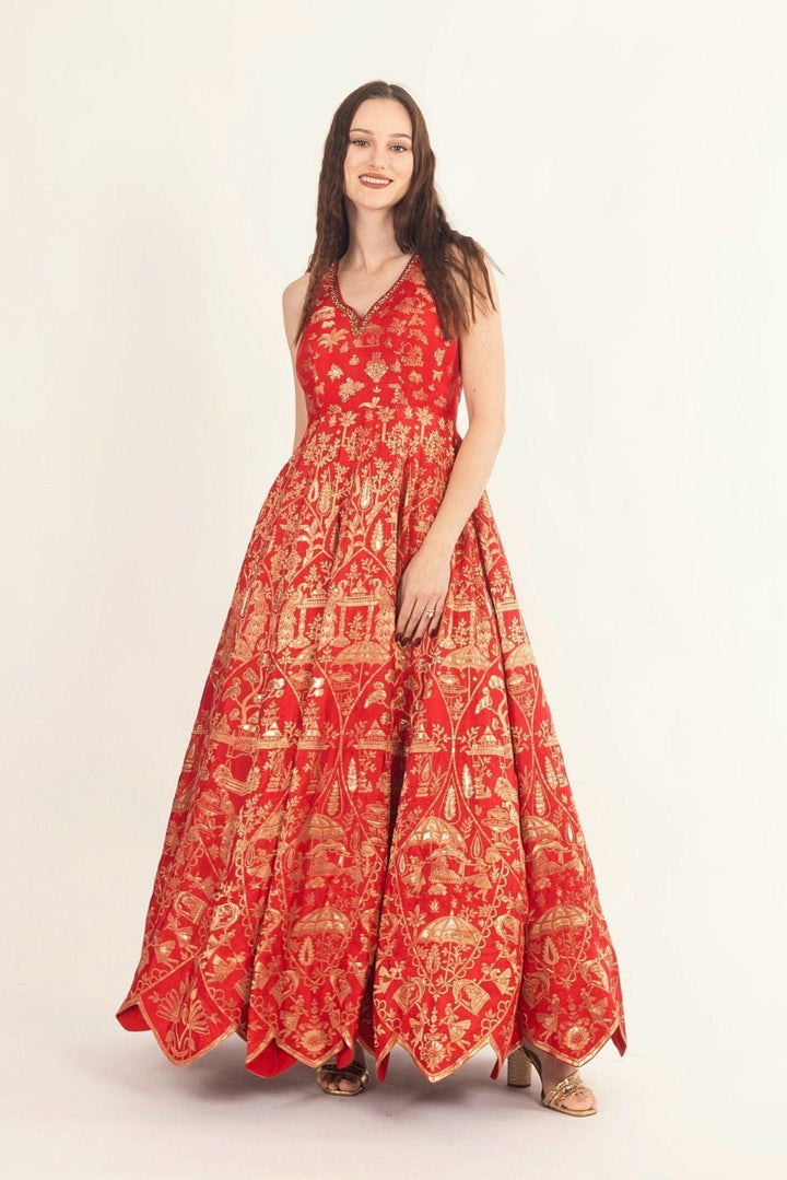 Azalea Jacquard Silk Red Gown - Raas