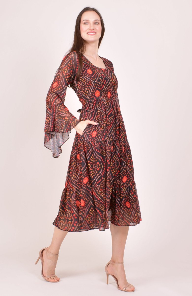 Black Bandhani Print Bell Sleeve Tiered Midi Dress dresses RAAS