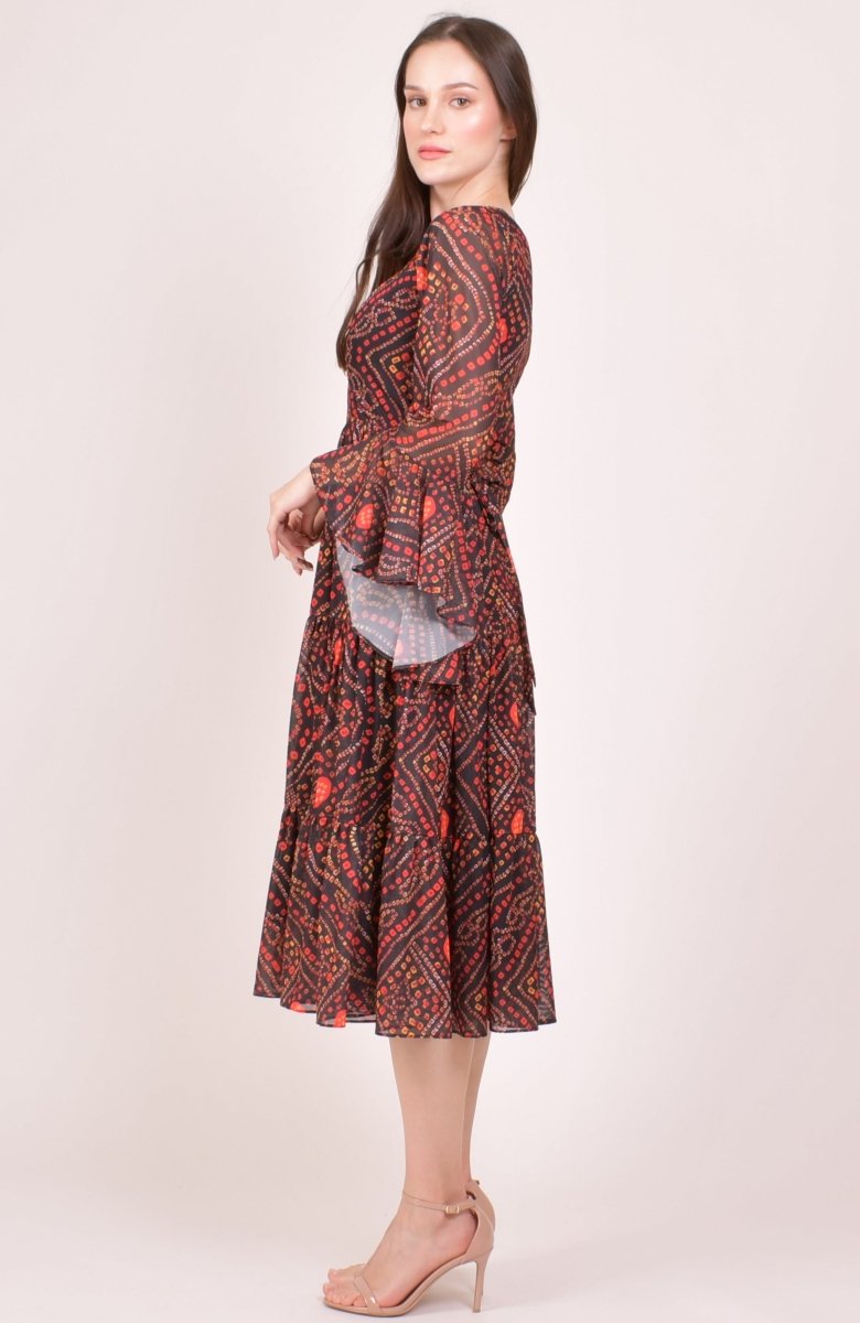 Black Bandhani Print Bell Sleeve Tiered Midi Dress dresses RAAS