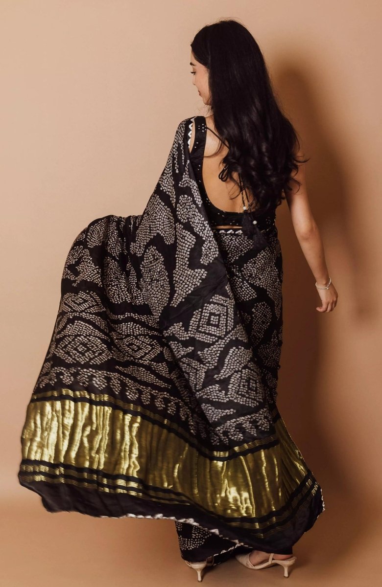 Black Hand Bandhej Gaji Silk Saree SAREES RAAS