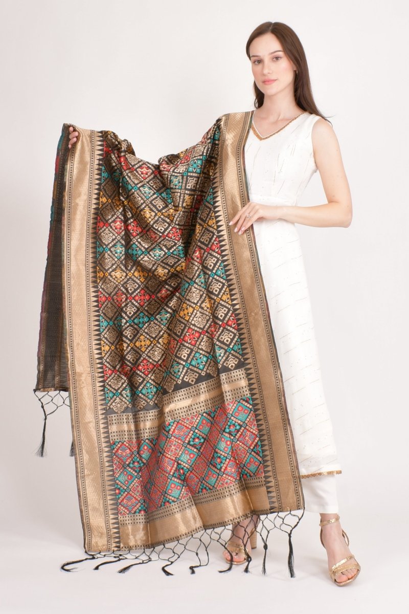 Black Jacquard Polyester Dupatta With Tassels RAAS