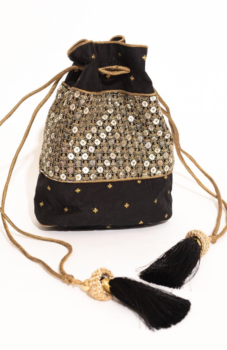 Black Sequin Embroidered Jacquard Silk Potli Bag BAGS RAAS