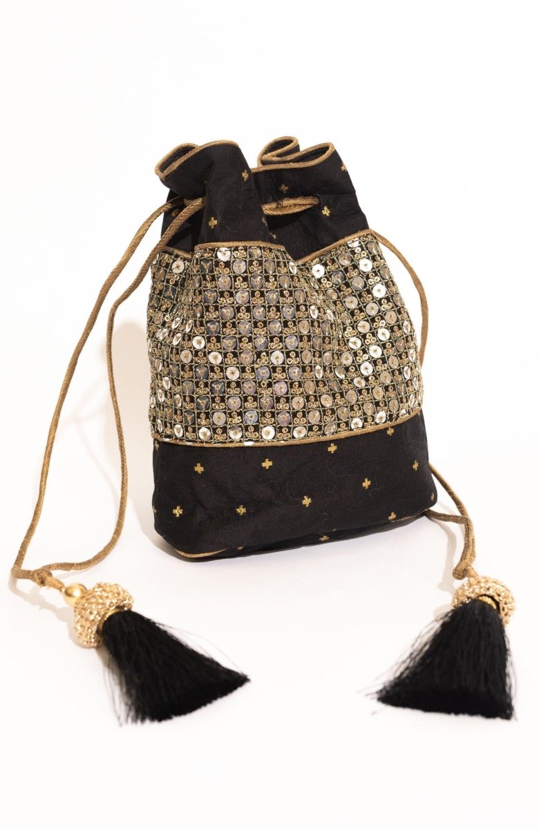 Black Sequin Embroidered Jacquard Silk Potli Bag BAGS RAAS