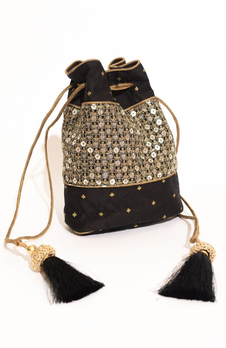 Black Sequin Embroidered Jacquard Silk Potli Bag BAGS RAAS