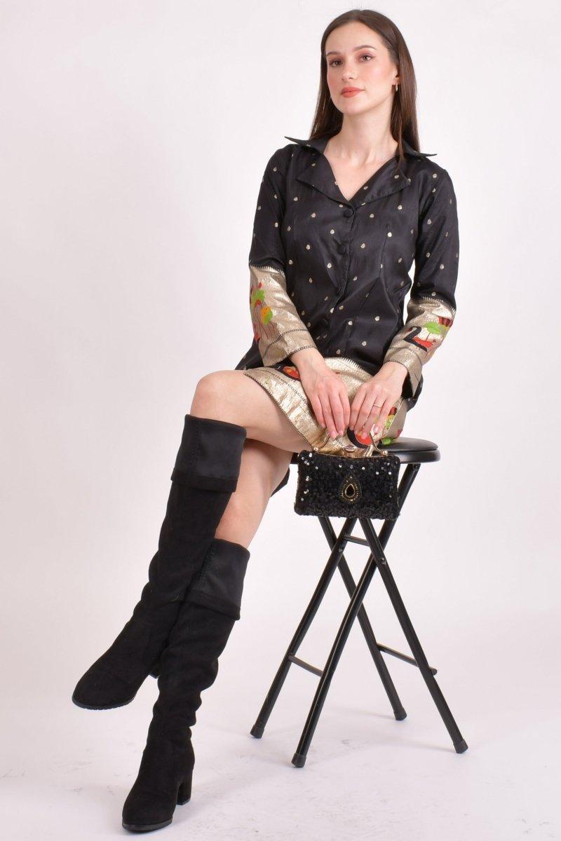 Black Silk Shirt Dress with Golden Butti & Paithani Border