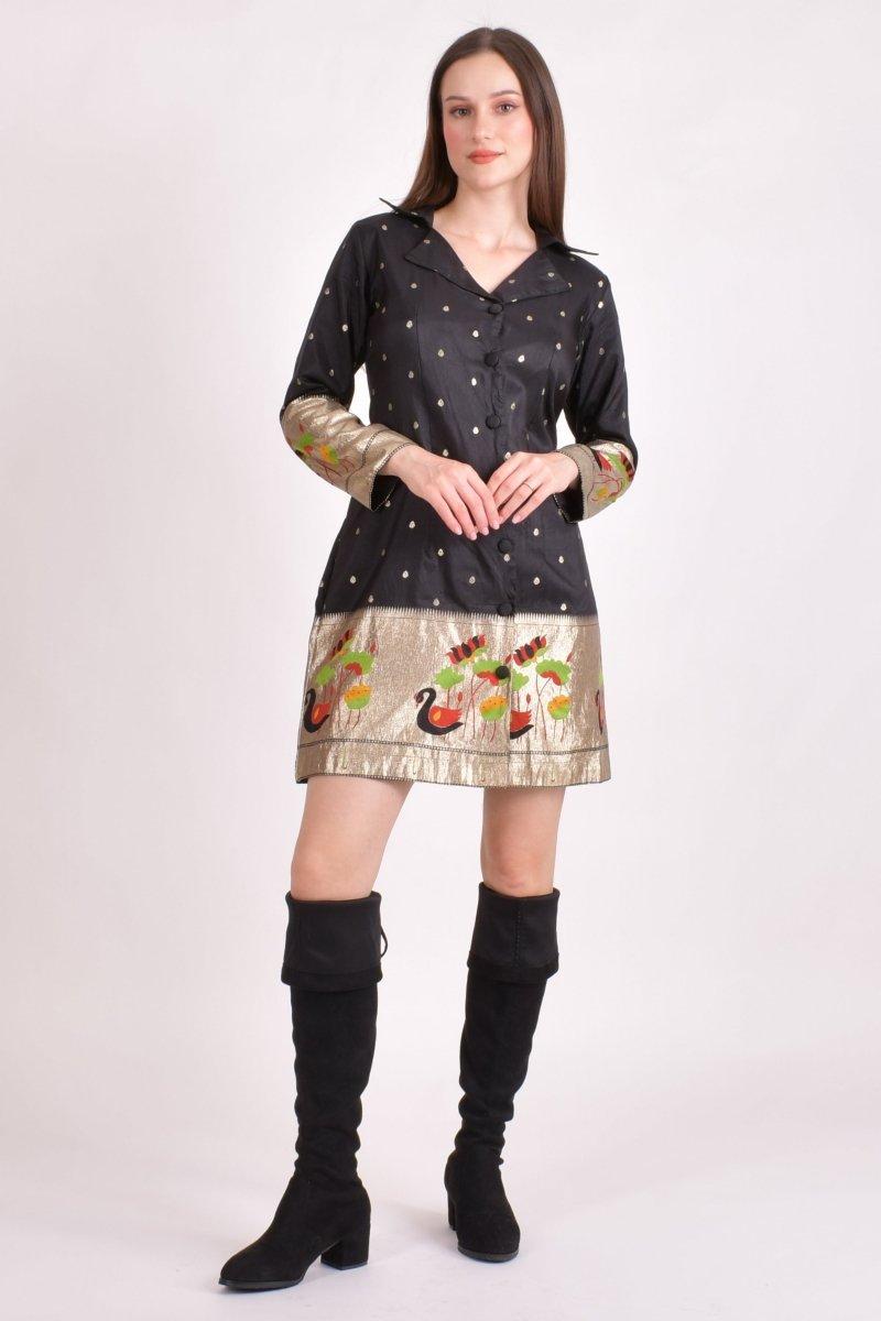 Black Silk Short Dress with Golden Butti & Paithani Border dresses RAAS