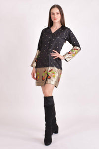 Black Silk Short Dress with Golden Butti & Paithani Border dresses RAAS