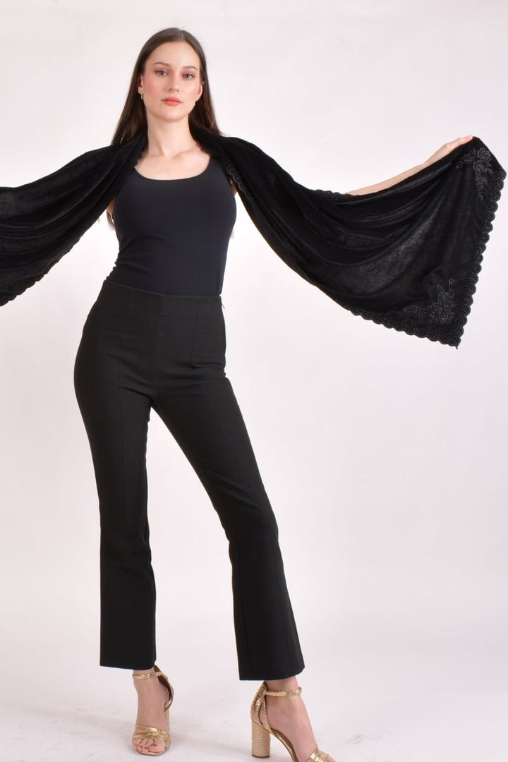 Black Velvet Hand Embroidered Beaded Scarf scarves & stoles RAAS