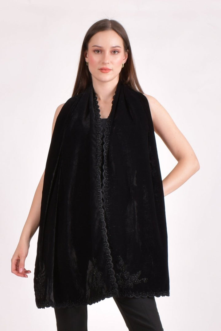 Black Velvet Hand Embroidered Beaded Scarf scarves & stoles RAAS