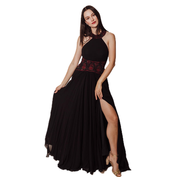 black georgette gown with slit